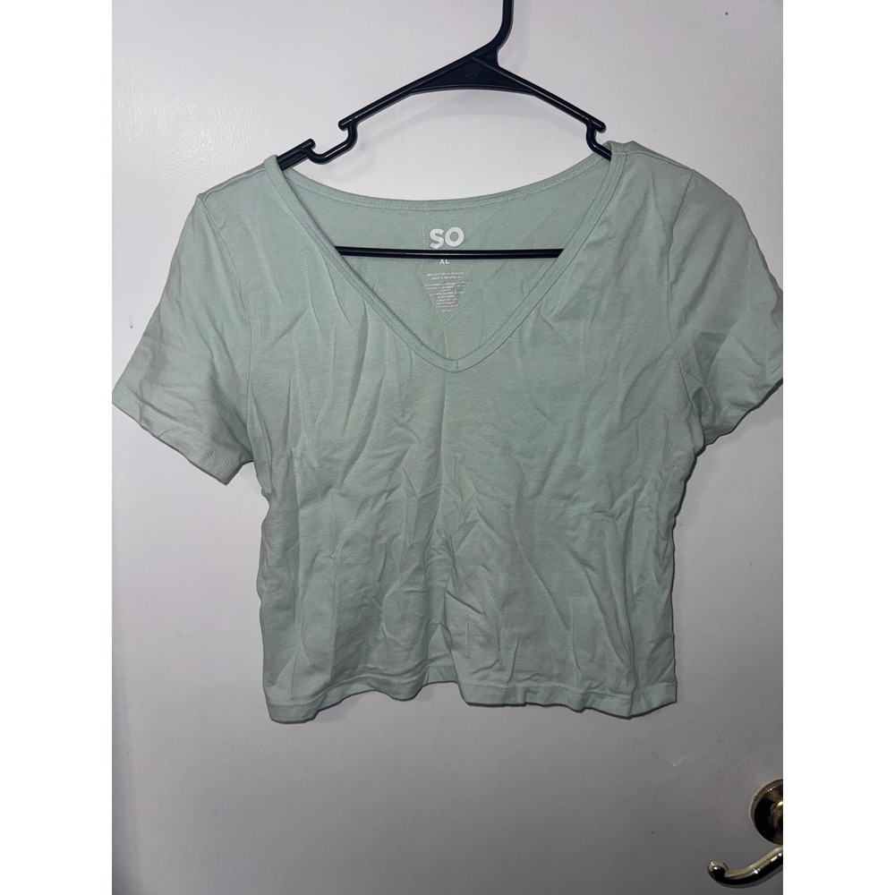 SO V-Neck Short Sleeve Crop Top Mint Green Cotton Stretch XL